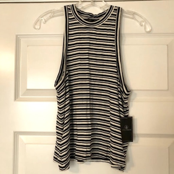 NWT VOLCOM What She Said Black White Stripe Racerback Crop Tank Top S - Picture 2 of 4